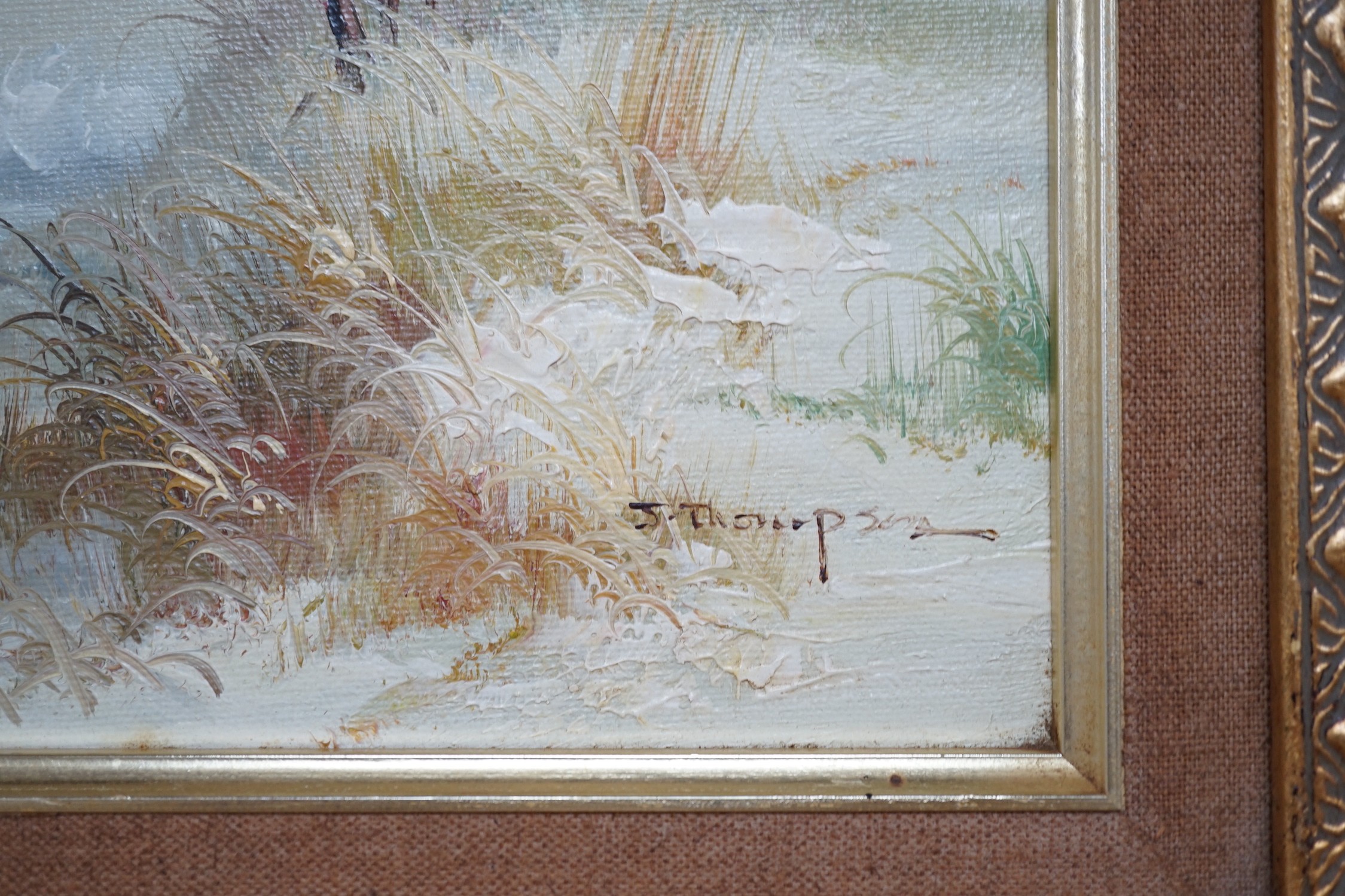 J. Thompson, oil on board, Beach scene, signed, 19 x 24cm